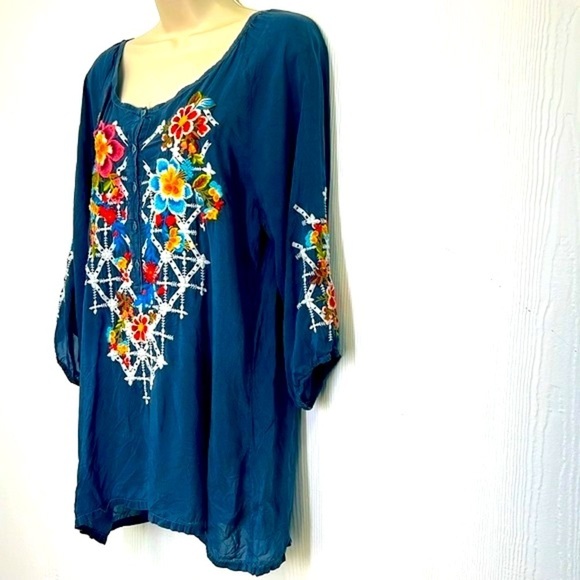 Johnny Was - Blue Embroidered Floral Boho Pullover Long Sleeve Blouse Size Sm - Picture 6 of 14